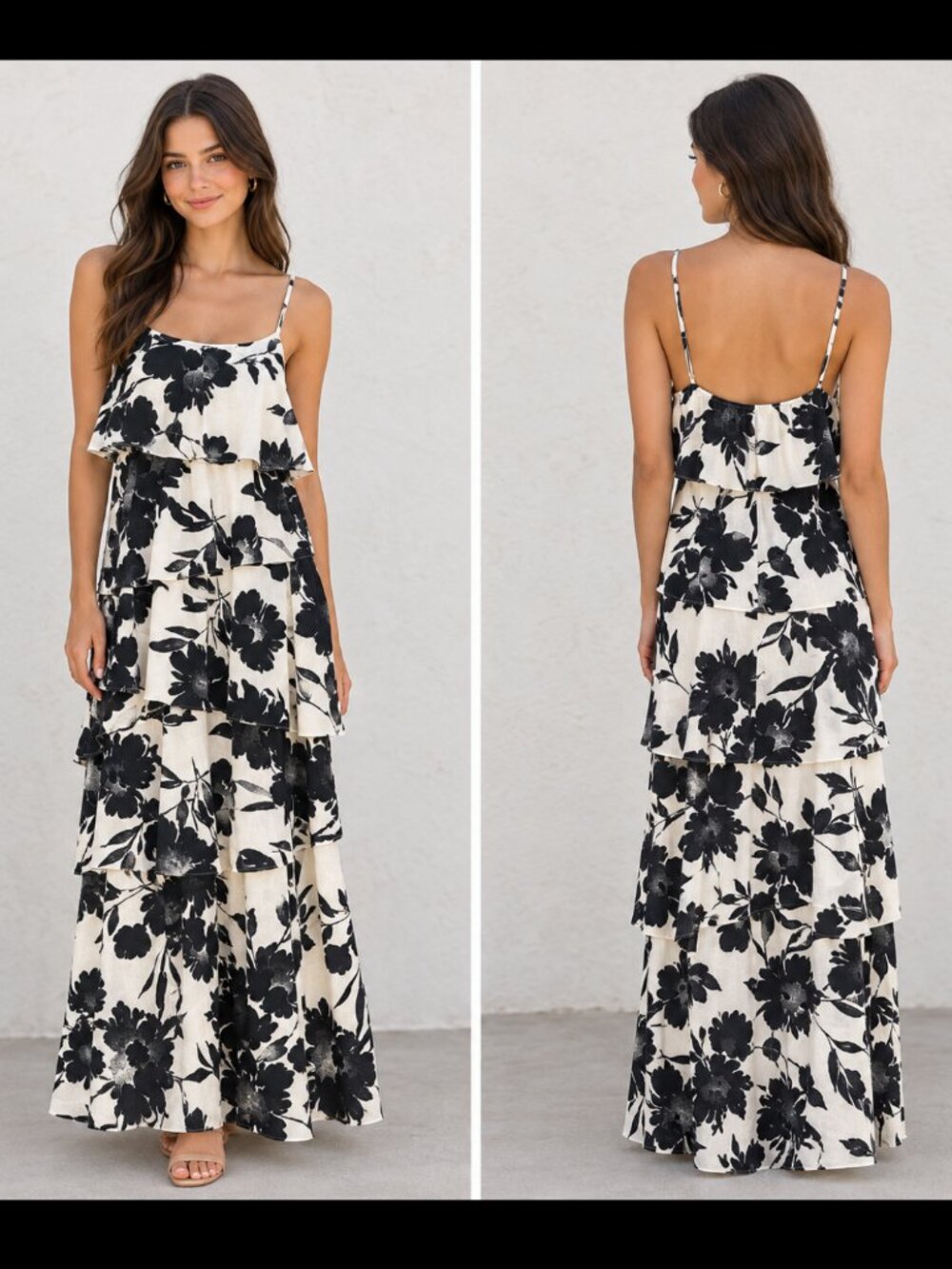 Old Navy Floral Tiered Full Length Maxi Dress in Black and Cream Size Medium